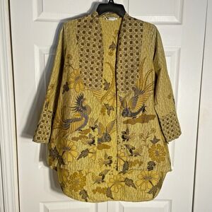 Batik Keris Open Front Kimono Women M Gold Brown Chicken Bird Floral Print Top